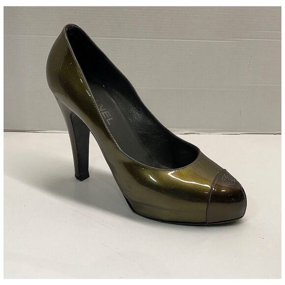 Authentic CHANEL Green Black Patent Leather Stiletto Shoes CC Logo Size EU 39.5 - Picture 4 of 10